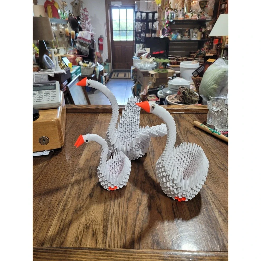 3 Handcrafted 3D Origami Folded Paper white  Swan Goose  Basket,  7